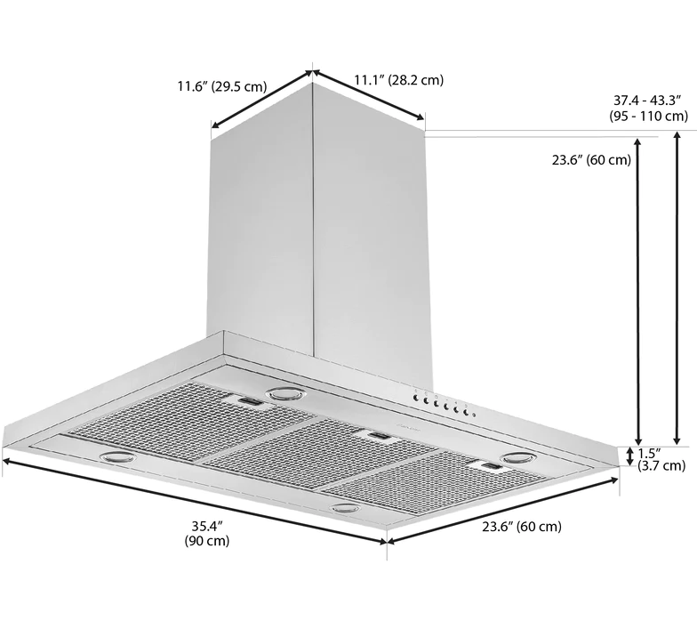 Ancona AN-1422 36-inch Convertible Island Rectangular Style Range Hood in Stainless steel with Auto Night Light