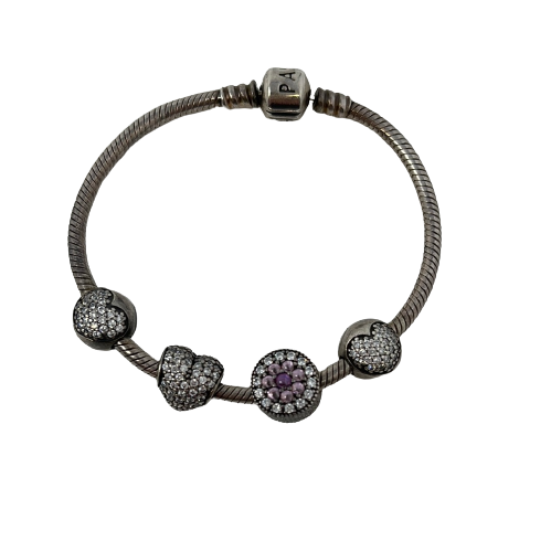 Pandora Charm Bracelet - With Four Connected Charms (Sparkling Hearts and Dazzling Floral Charms)