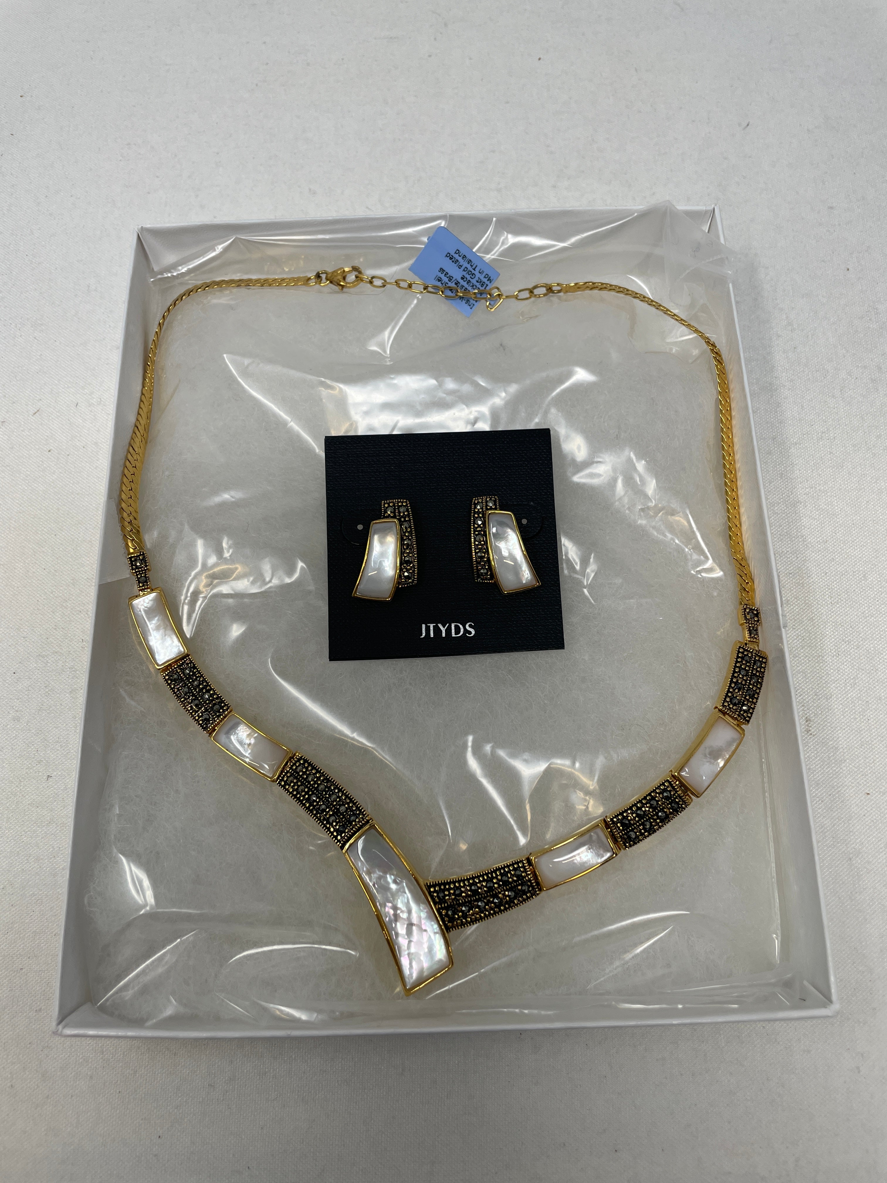 JTYDS  Iris-White Shell Marcasite/Brass 18kt Gold Plated Necklace and Earrings Set